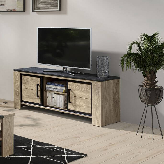 Meuble TV moderne, chêne et effet marbre noir